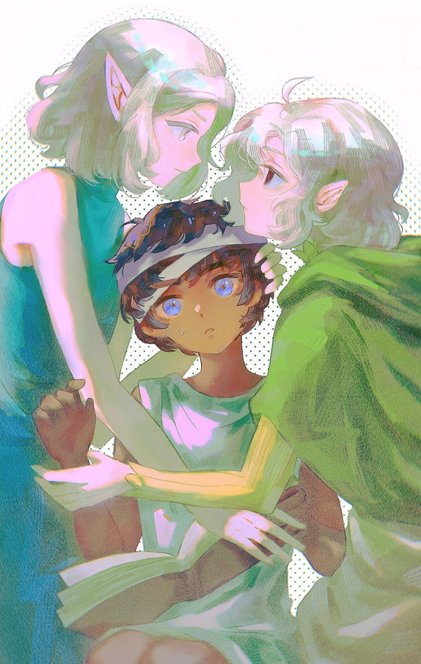 3boys, age_comparison, aged_down, bags_under_eyes, bandaged_head, bandages, black_eyes, black_hair
