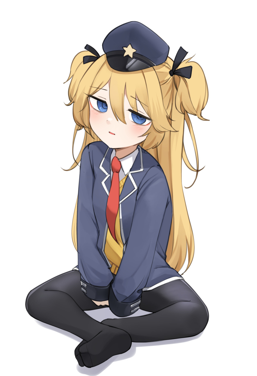 1girl, absurdres, black_pantyhose, black_ribbon, blonde_hair, blue_eyes, blue_jacket, collared_shirt, daebom, full_body, girls_frontline, hair_ribbon, hat, highres, jacket, long_hair, necktie, pantyhose, red_necktie, ribbon, shirt, sitting, sleepy, solo, super-shorty_(girls'_frontline), twintails, two_side_up, vest, white_shirt
