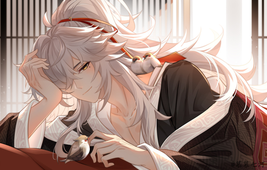 1boy, 7-river, animal_on_shoulder, artist_name, bird, bird_on_shoulder, black_hanfu, bloom