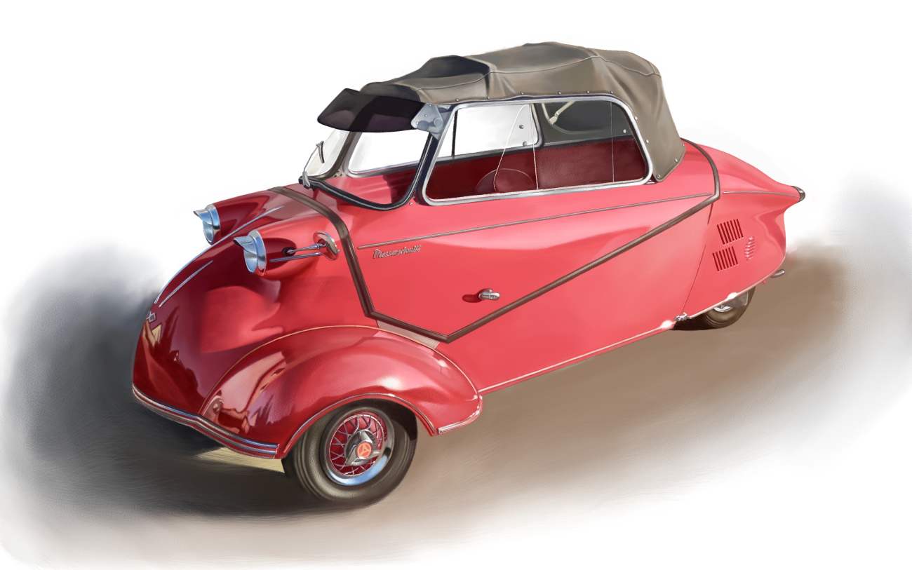 asai_takashi, autocycle, car, convertible, messerschmitt, messerschmitt_kr200, motor_vehicle, no_humans, original, red_car, three-wheeler, vehicle_focus, white_background