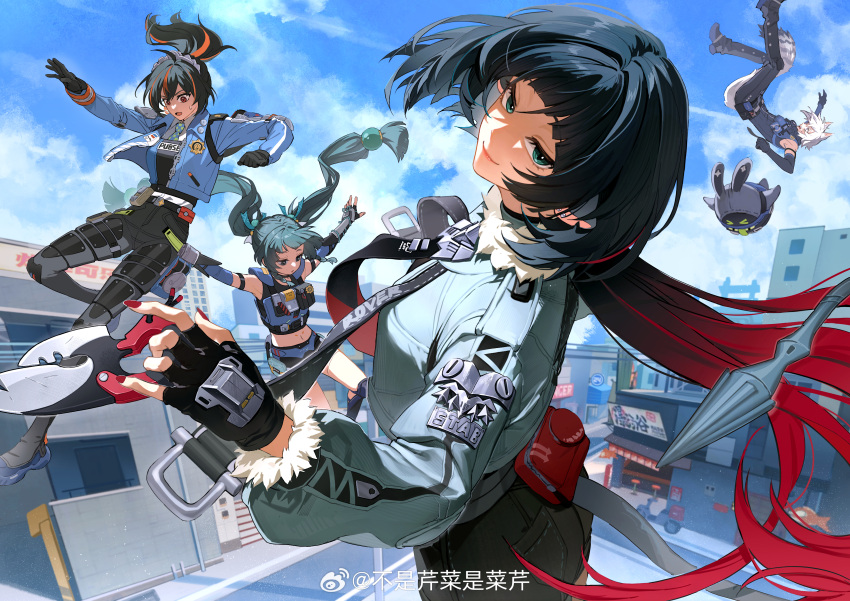 1boy, 3girls, absurdres, android, animal_ears, artist_name, black_gloves, black_hair
