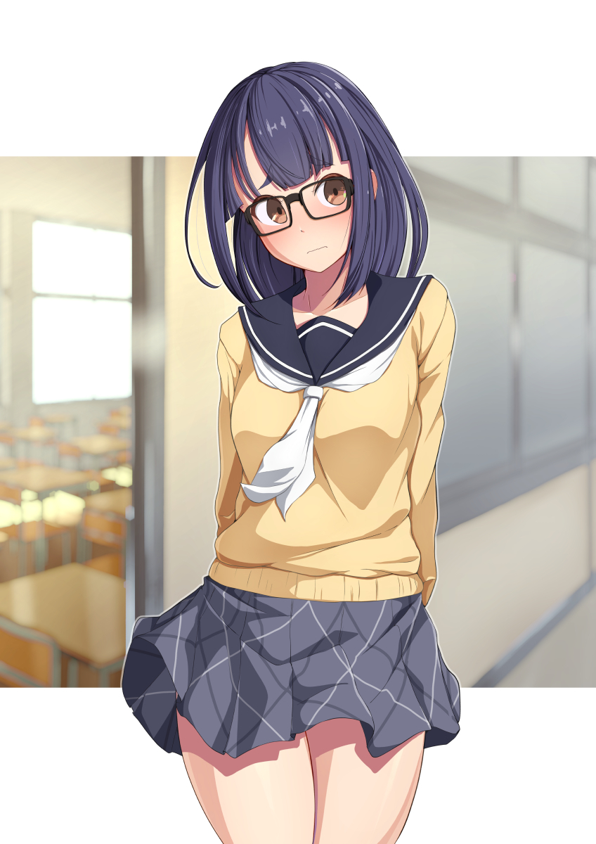 1girl, black-framed_eyewear, black_hair, black_sailor_collar, blush, brown_eyes, chair, closed_mouth