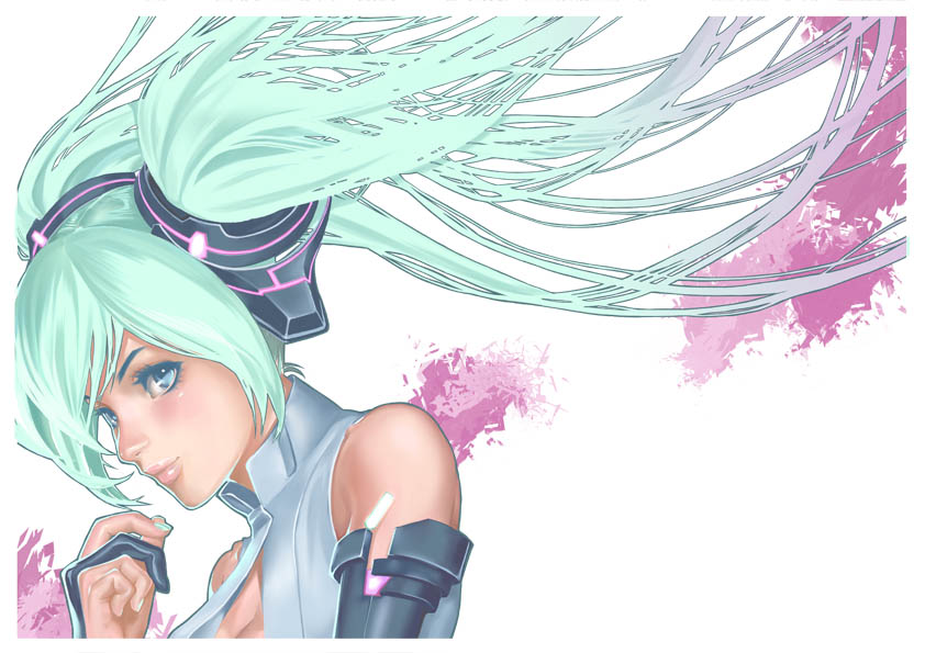 aqua_eyes, aqua_hair, bare_shoulders, breasts, bridal_gauntlets, bust, cleavage, hatsune_miku