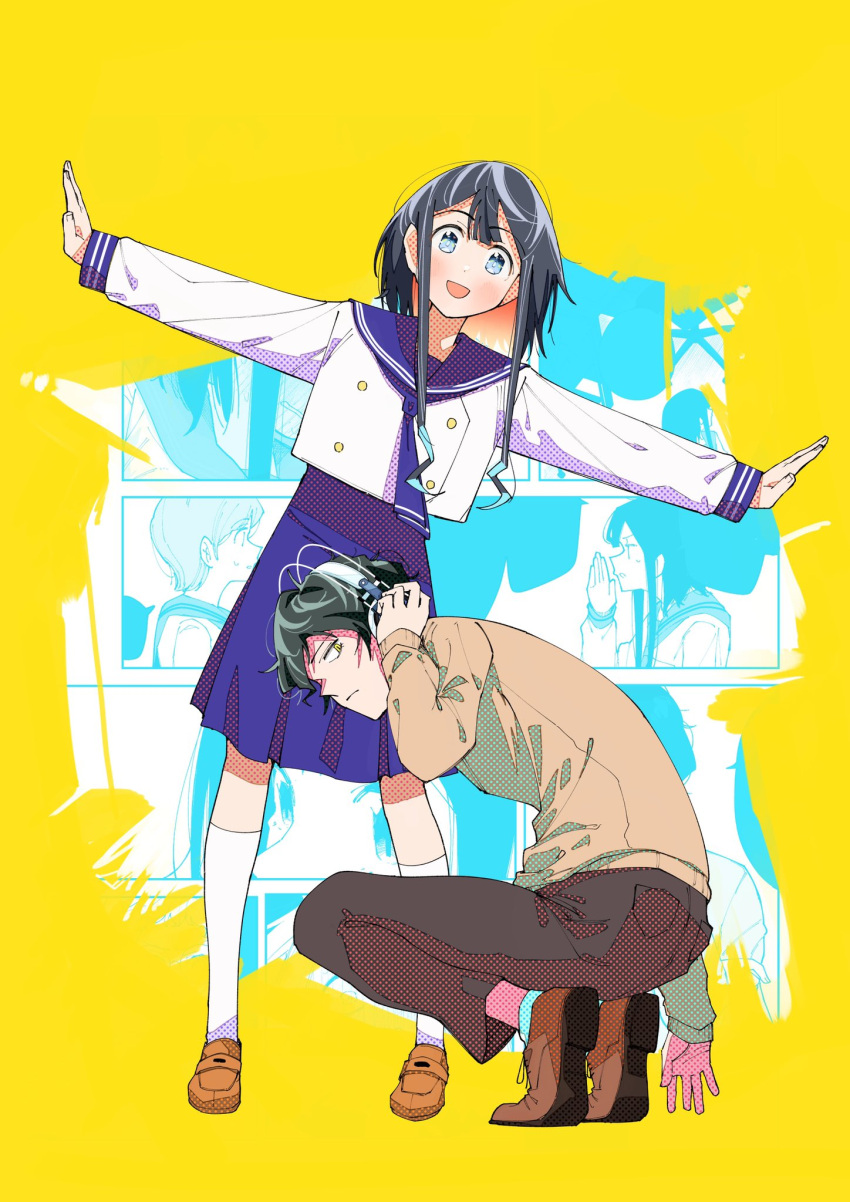 1boy, 1girl, :d, amou_akane, black_hair, blue_eyes, blue_sailor_collar, blue_skirt
