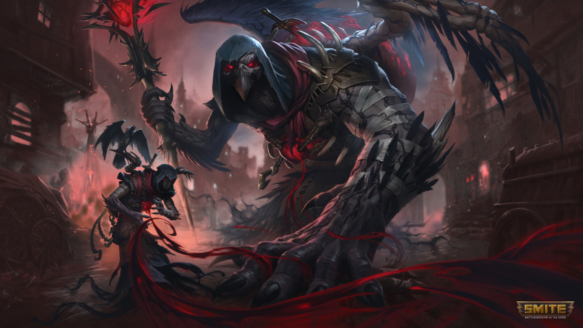 1boy, 1other, absurdres, beak, bird, bird_monster, black_feathers, black_hood, building, cart, claws, crow, english_text, feathers, hades_(crow_of_torment)_(smite), hades_(smite), highres, holding, holding_staff, horror_(theme), logo, looking_at_viewer, monster, official_alternate_costume, official_art, red_eyes, smite, solid_eyes, staff