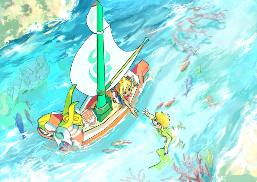 1girl, bandana, bandana_around_neck, black_eyes, blonde_hair, blue_eyes, blue_vest, boat