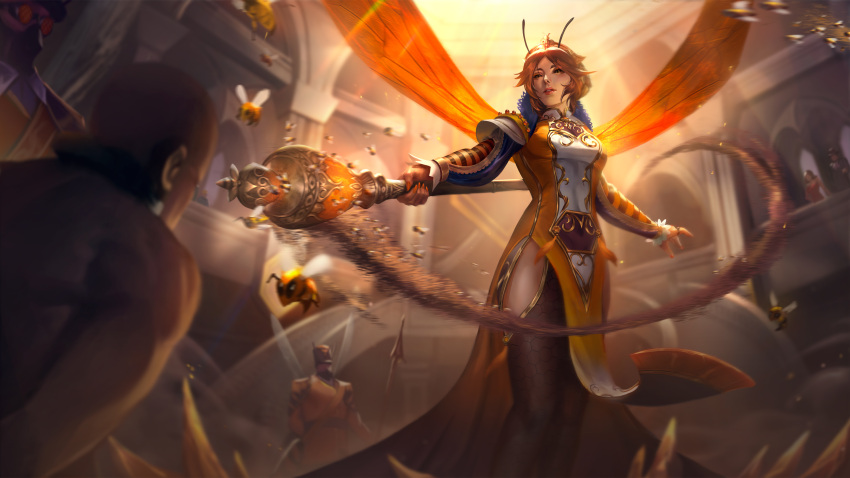 1girl, 2boys, absurdres, antennae, aphrodite_(honey_bee)_(smite), aphrodite_(smite), bald, bee