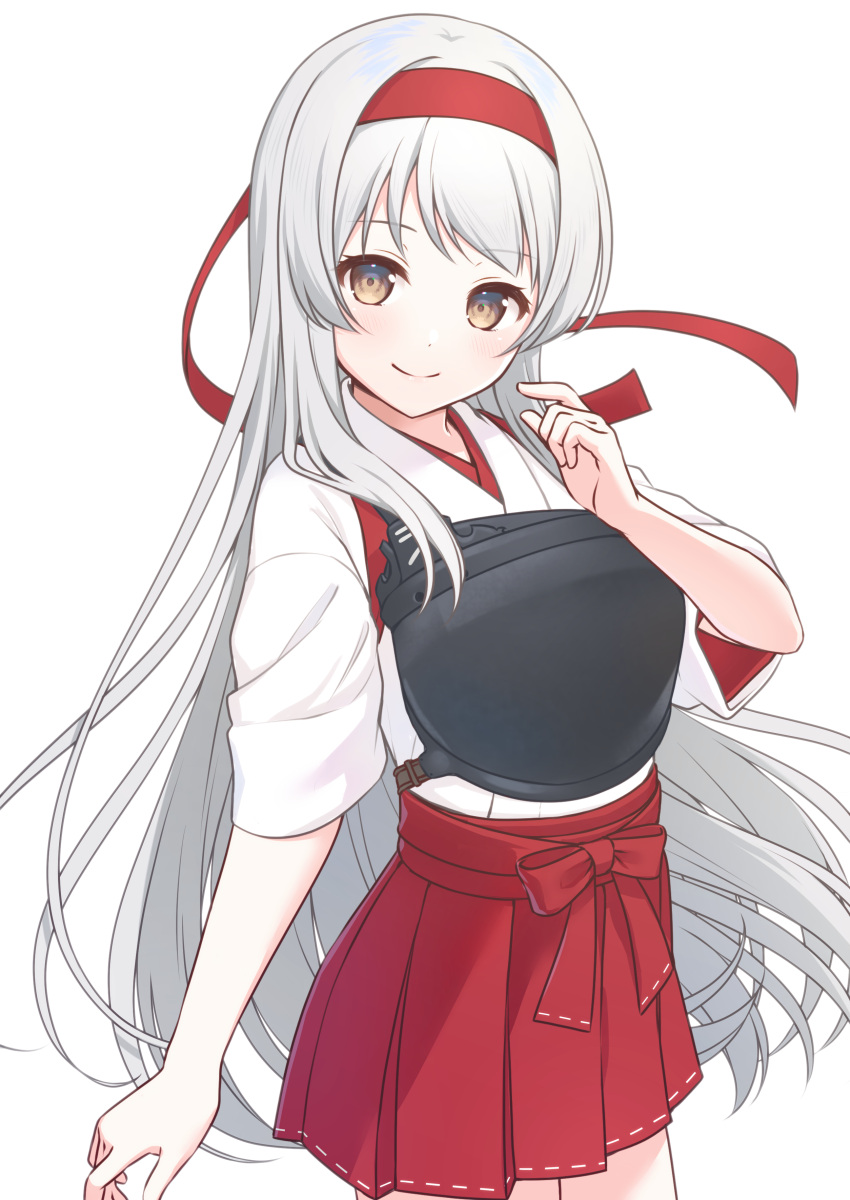 1girl, absurdres, brown_eyes, hakama, hakama_short_skirt, hakama_skirt, headband, highres