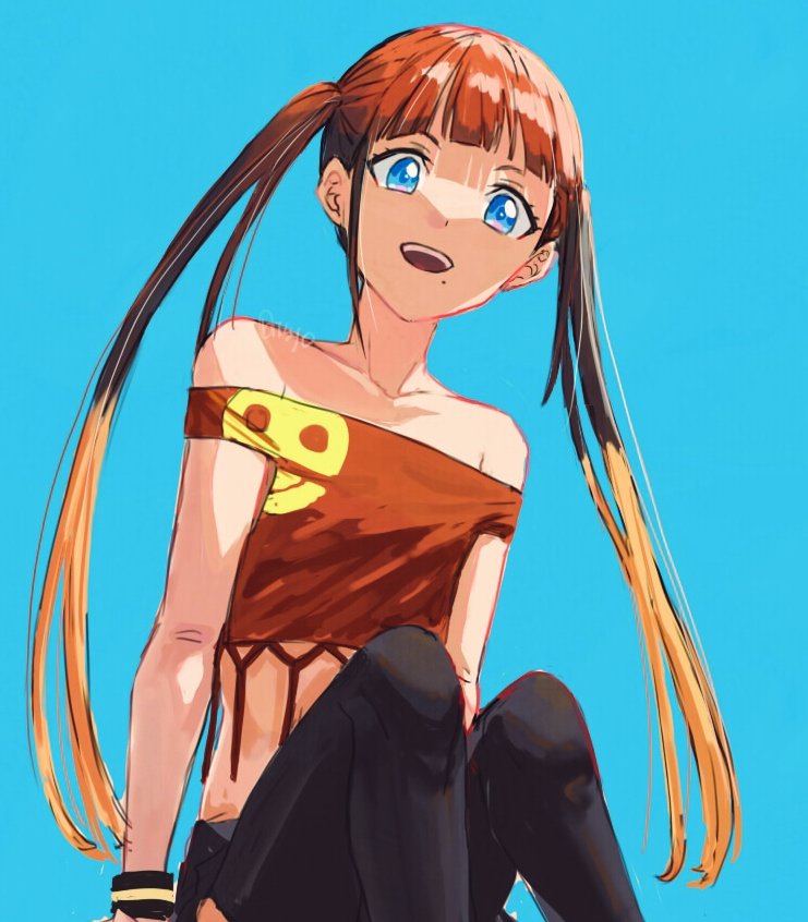 1girl, asukagawa_chise, bare_shoulders, black_skirt, blue_eyes, gridman_universe, gridman_universe_(film), long_hair