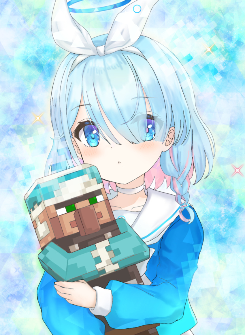 1girl, :o, arona_(blue_archive), blue_archive, blue_eyes, blue_hair, blue_shirt, braid