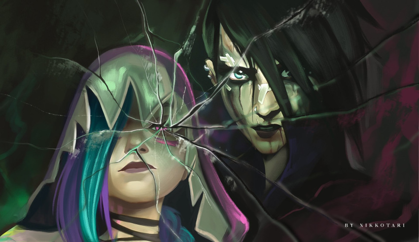 2girls, arcane:_league_of_legends, arcane_jinx, arcane_vi, black_hair, blue_hair, broken_glass, glass, highres, hood, jinx_(league_of_legends), league_of_legends, looking_at_viewer, multicolored_hair, multiple_girls, nikola_(nikkotari), short_hair, siblings, sisters, vi_(league_of_legends)