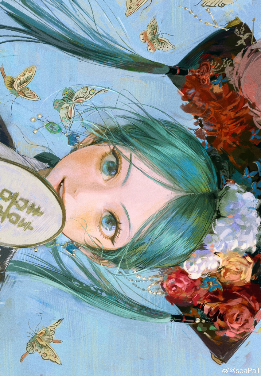 1girl, absurdres, aqua_eyes, aqua_hair, blue_background, bug, butterfly, china