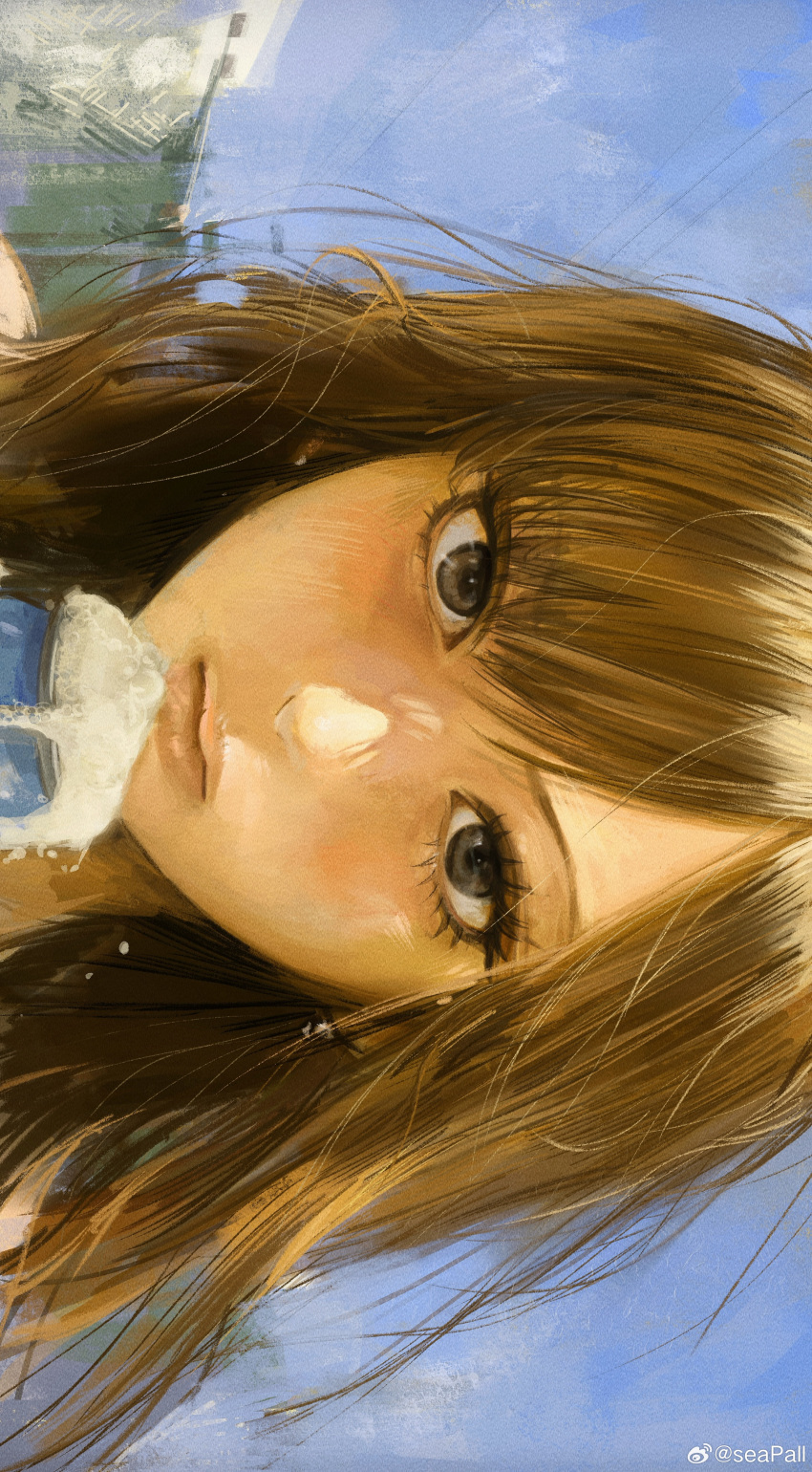 1girl, absurdres, artist_name, black_eyes, blue_sky, brown_hair, close-up, closed_mouth
