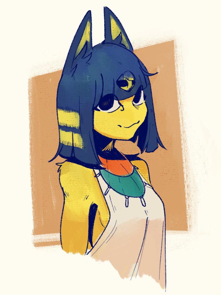 1girl, :3, animal_crossing, animal_ears, ankha_(animal_crossing), bare_shoulders, black_eyes, blue_hair, blunt_bangs, bob_cut, body_fur, breasts, cat_ears, cat_girl, cat_tail, colored_skin, cropped_arms, cropped_torso, egyptian, egyptian_clothes, ethan8bit, hair_ornament, looking_at_viewer, short_hair, sideboob, sleeveless, small_breasts, smile, snake_hair_ornament, solo, tail, uraeus, usekh_collar, yellow_fur, yellow_skin