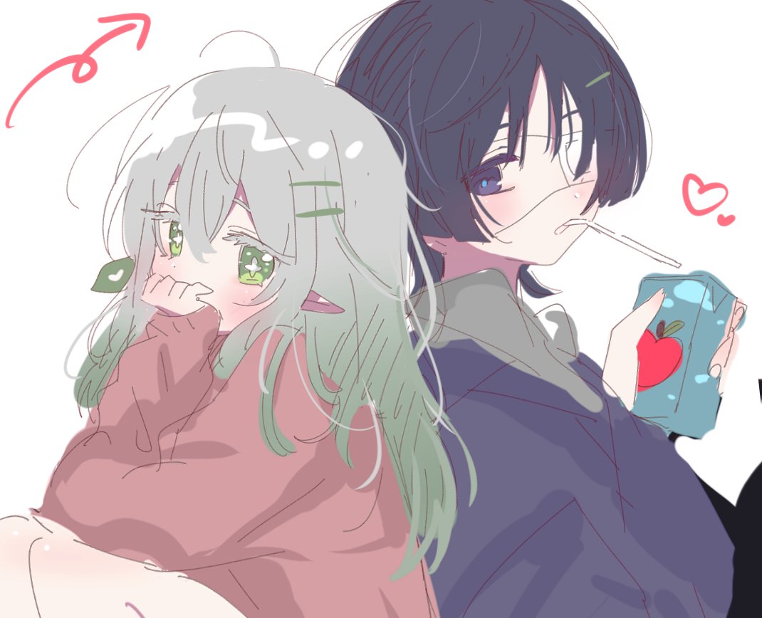 1boy, 1girl, 52601i, alternate_costume, alternate_hairstyle, apple, apple_print, arrow_(symbol)