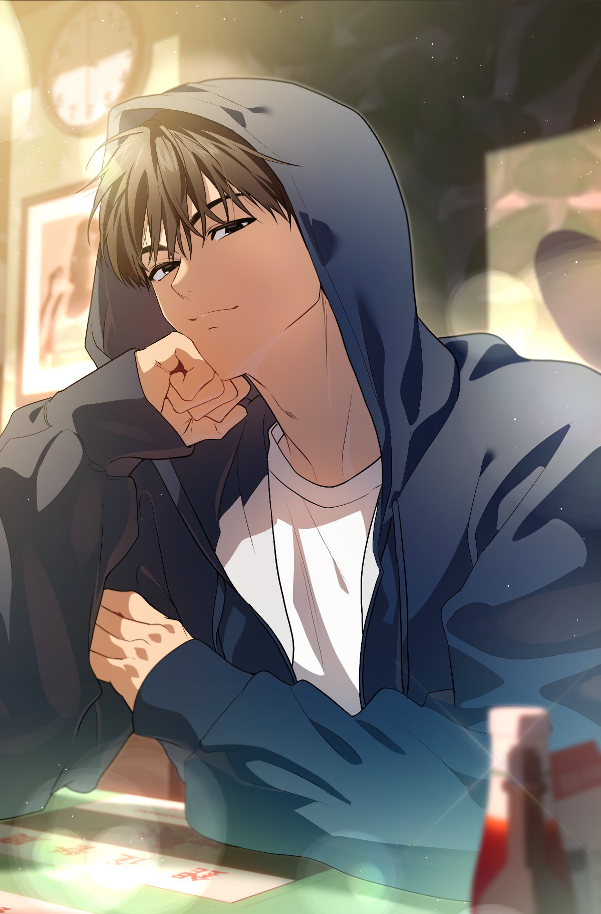 1boy, blue_hoodie, blurry, blurry_background, bokeh, brown_eyes, brown_hair, clock