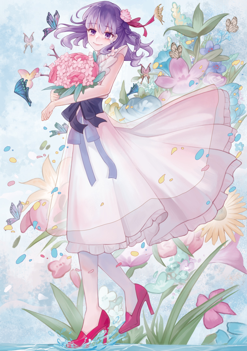 1girl, absurdres, blue_background, blue_butterfly, bouquet, braid, bug, butterfly