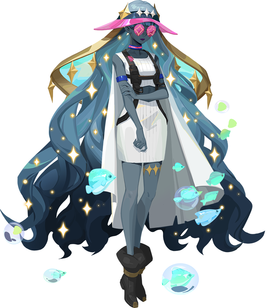 1girl, absurdly_long_hair, air_bubble, ankle_boots, artist_request, black_footwear, blue_hair, blue_skin