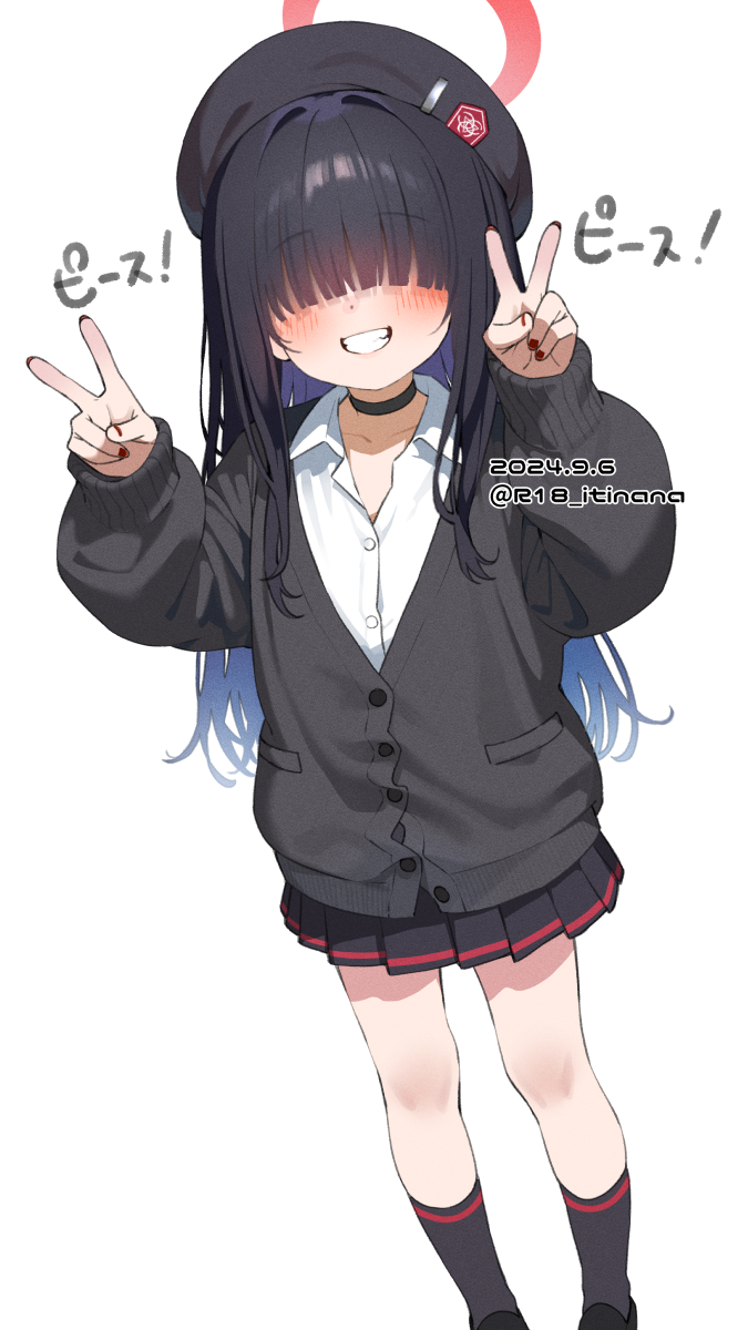 1girl, black_cardigan, black_choker, black_hair, black_hat, black_skirt, black_socks, blue_archive