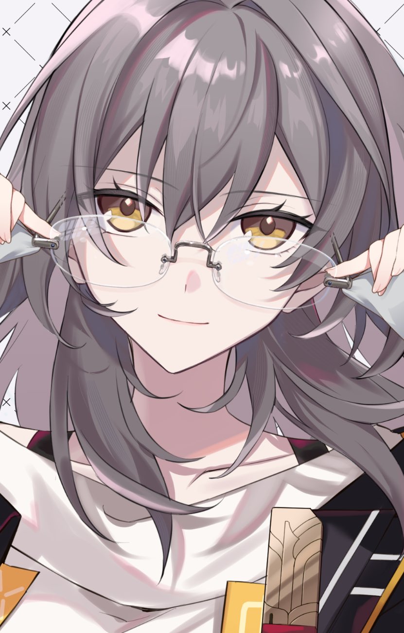 black_jacket, glasses, grey_hair, hatuki_82, highres, holding, holding_removed_eyewear, honkai:_star_rail