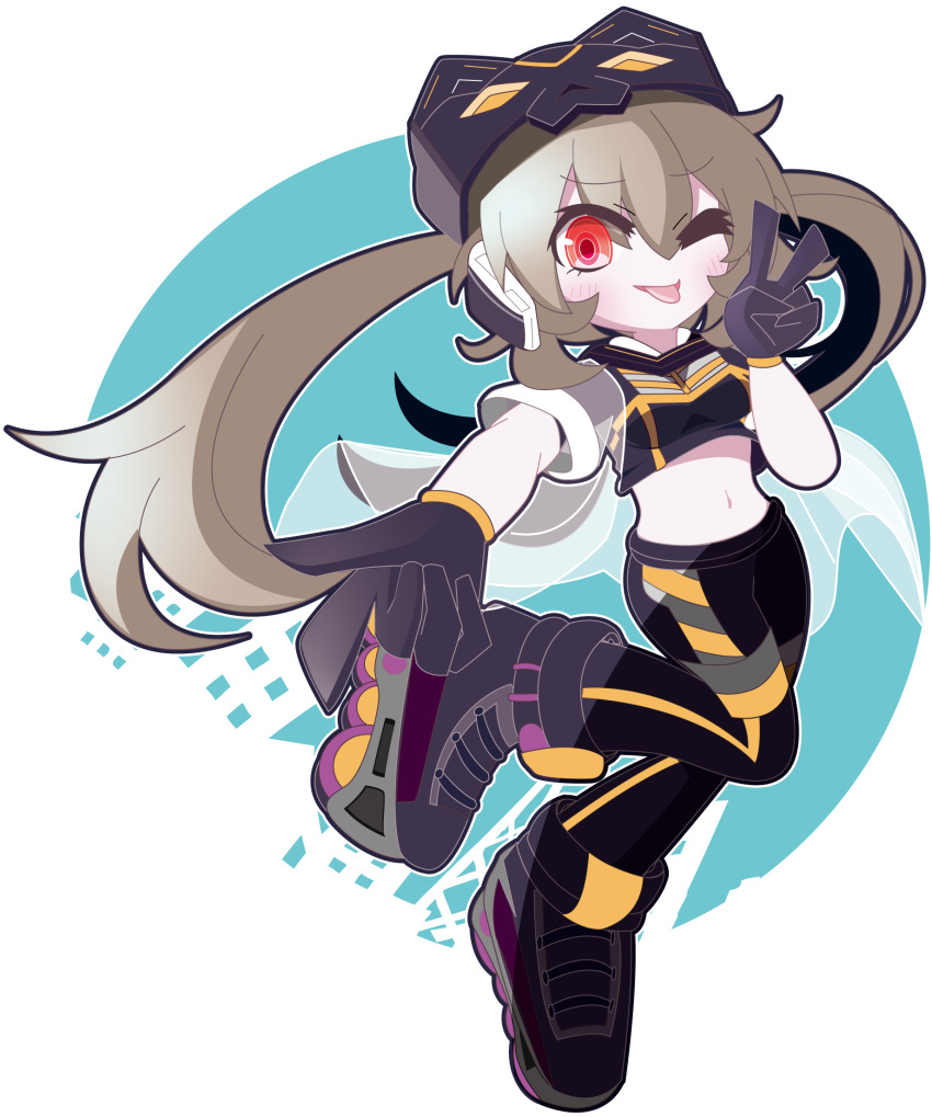 1girl, alternate_eye_color, black_gloves, black_pants, black_shirt, brown_hair, chibi, crop_top