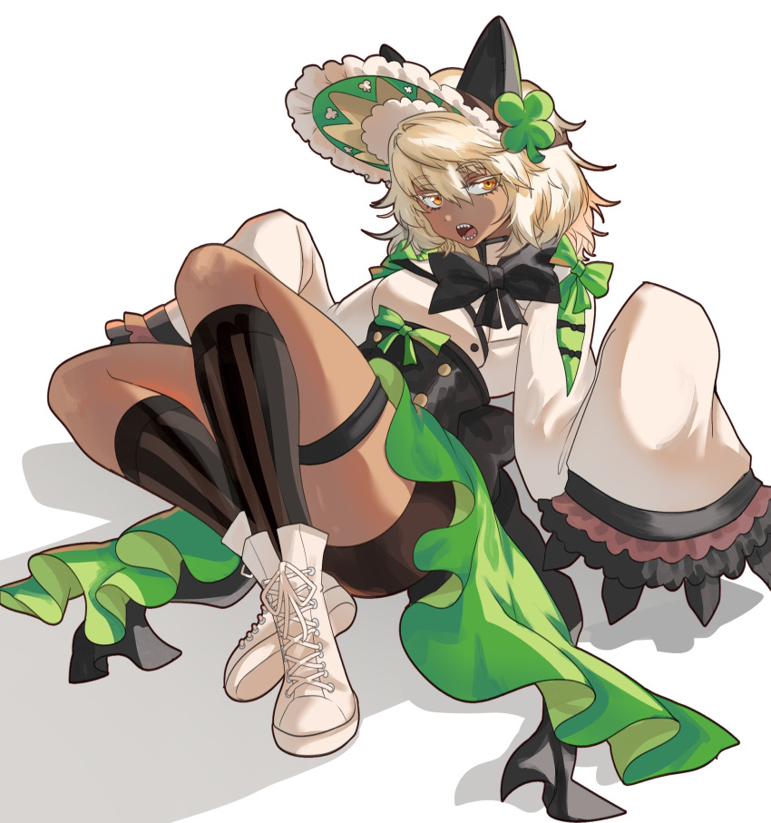 1girl, alternate_costume, black_ribbon, black_shorts, blonde_hair, colored_eyelashes, dark-skinned_female, dark_skin