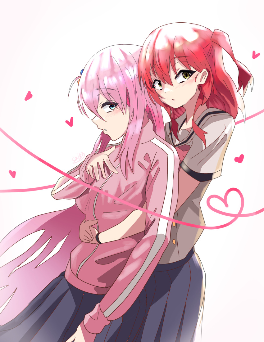 2girls, absurdres, blue_eyes, blue_skirt, bocchi_the_rock!, cube_hair_ornament, gotoh_hitori, hair_ornament, highres, hug, hug_from_behind, jacket, kita_ikuyo, long_hair, looking_at_viewer, multiple_girls, pink_hair, pink_jacket, pink_track_suit, redhead, school_uniform, shuka_high_school_uniform, simple_background, skirt, totsuka_saika_(totsukasaika59), white_background, yellow_eyes, yuri