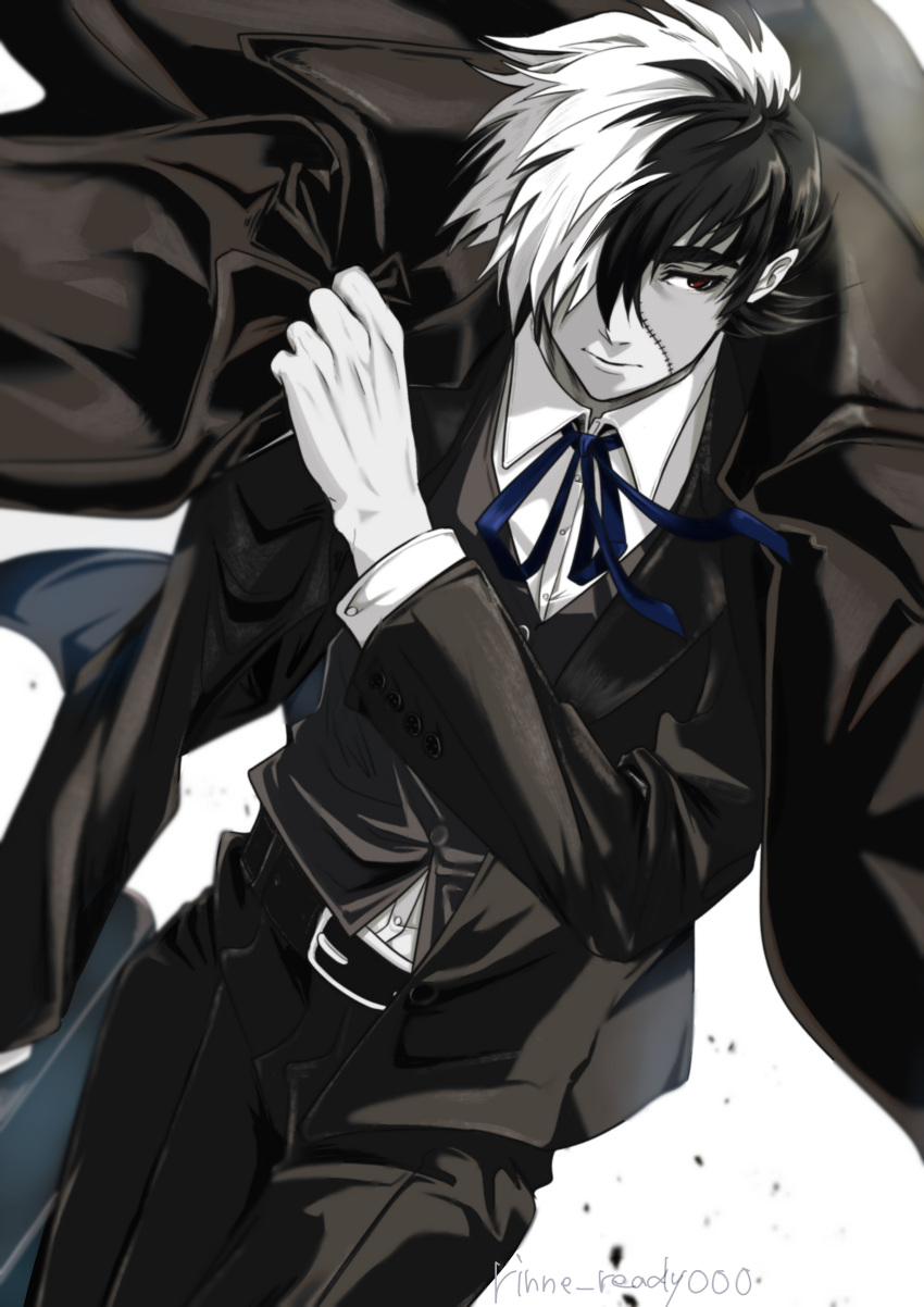 1boy, absurdres, belt, black_coat, black_hair, black_jack_(character), black_jack_(series), black_pants