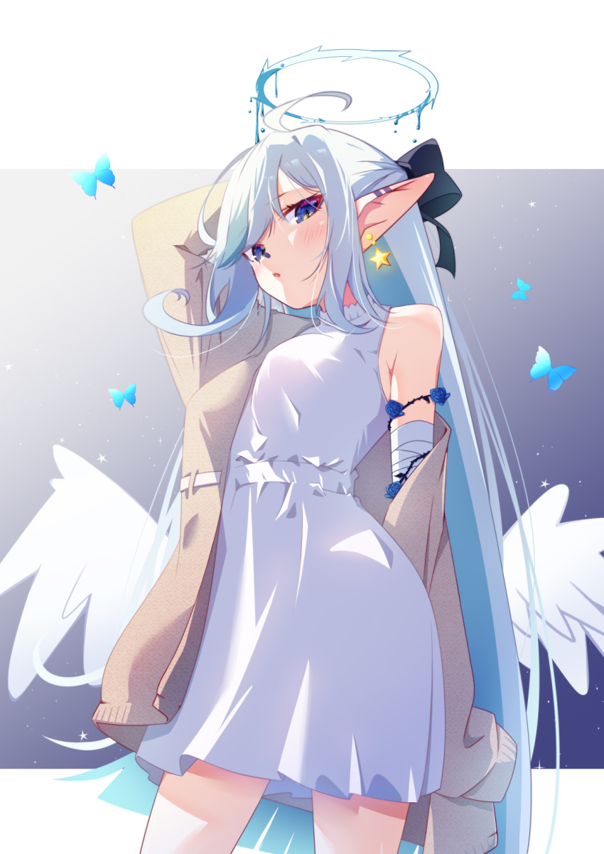 1girl, arm_up, bandaged_arm, bandages, blue_butterfly, blue_eyes, blue_halo, blush