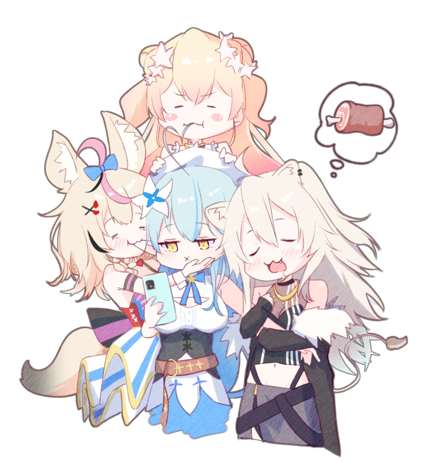 4girls, animal_ears, arm_hug, biting, blue_hair, blush, blush_stickers, breasts