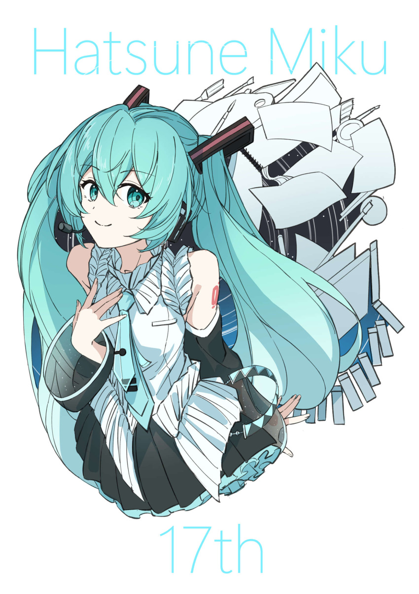 1girl, absurdres, aqua_eyes, aqua_hair, aqua_necktie, black_skirt, black_sleeves, breasts