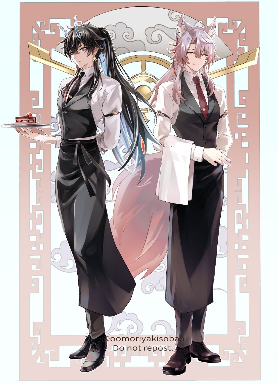 2boys, animal_ear_fluff, animal_ears, apron, arm_behind_back, arm_strap, artist_name, black_apron