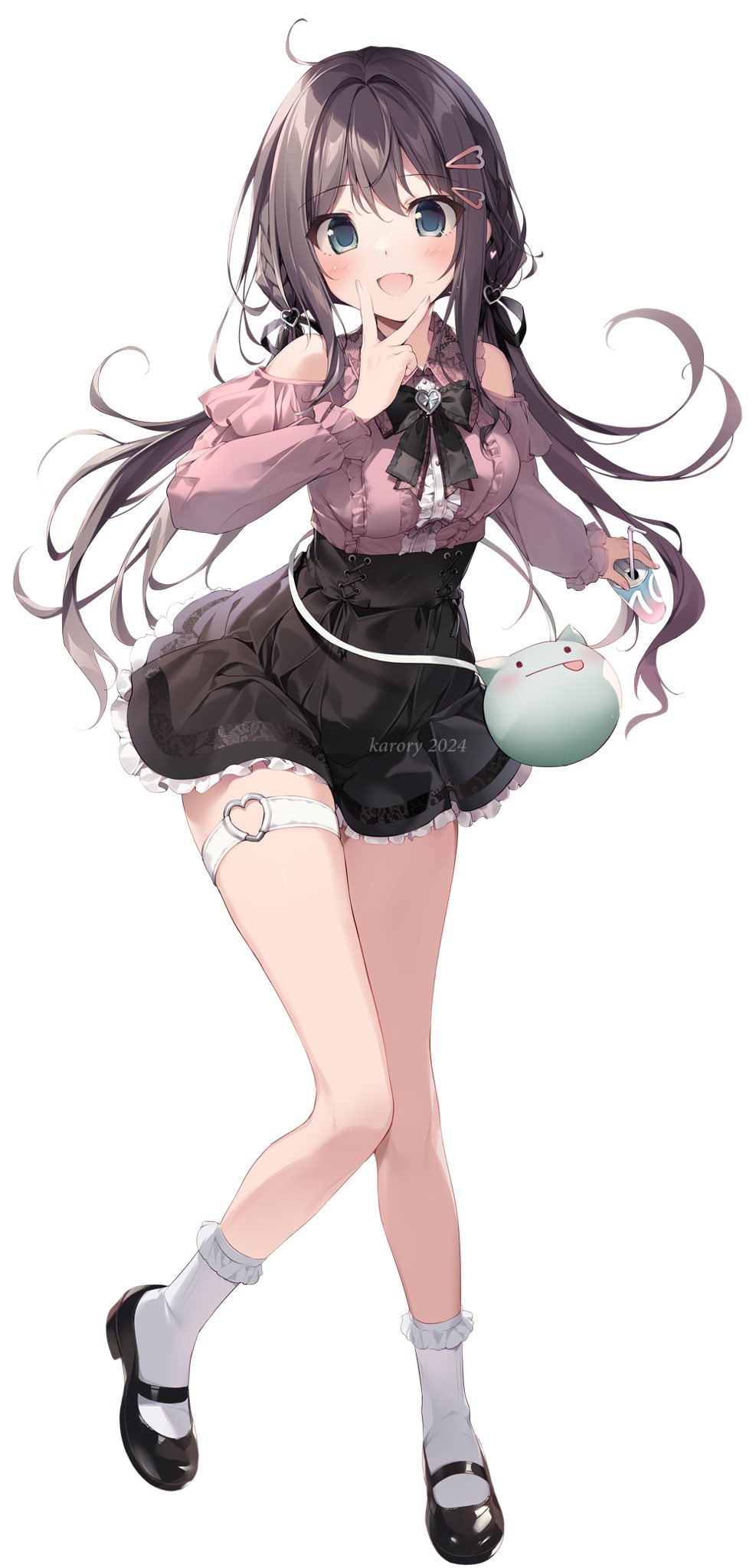 1girl, 2024, :d, arm_at_side, artist_name, bare_shoulders, black_bow, black_footwear