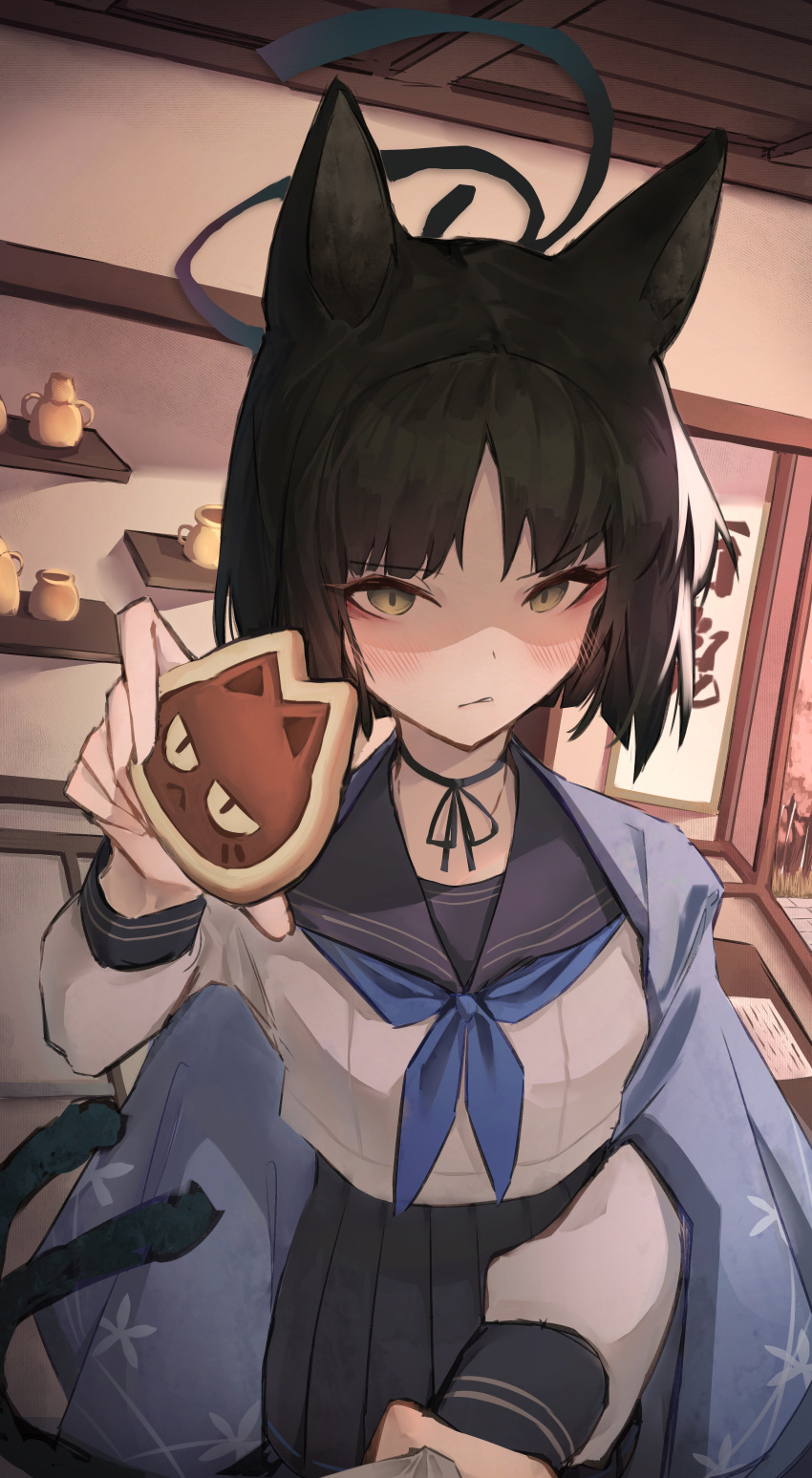1girl, absurdres, animal_ears, black_choker, black_hair, blue_archive, blue_neckerchief, blue_skirt