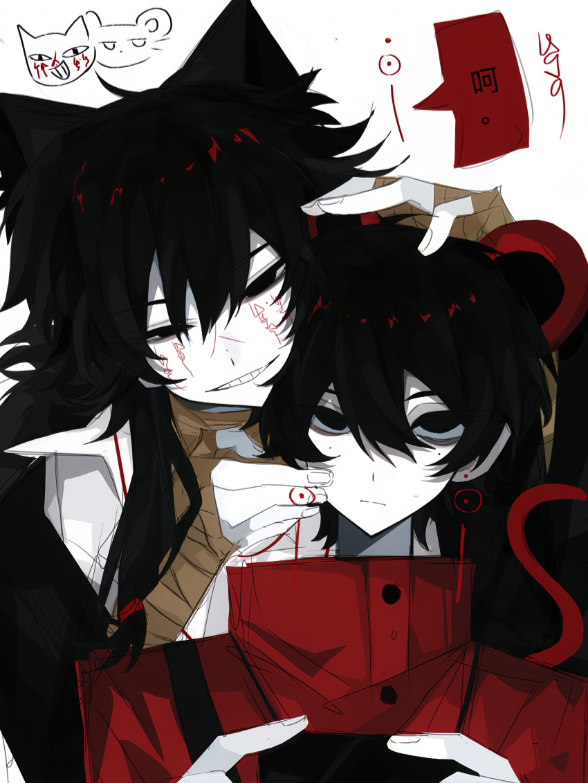 2boys, absurdres, animal_ears, animalization, black_eyes, black_hair, black_jacket, cat_boy