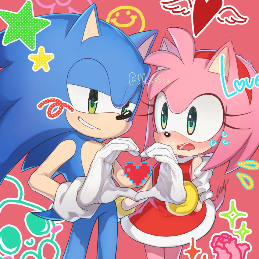 1boy, 1girl, amy_rose, blush, dress, furry, furry_female, furry_male, gloves, green_eyes, grin, hairband, heart, heart_hands, heart_hands_duo, hedgehog_boy, hedgehog_girl, height_difference, hetero, highres, konjiki_ringo, looking_at_another, looking_at_viewer, red_background, red_dress, red_hairband, simple_background, smile, sonic_(series), sonic_the_hedgehog, sweat, twitter_username, white_gloves