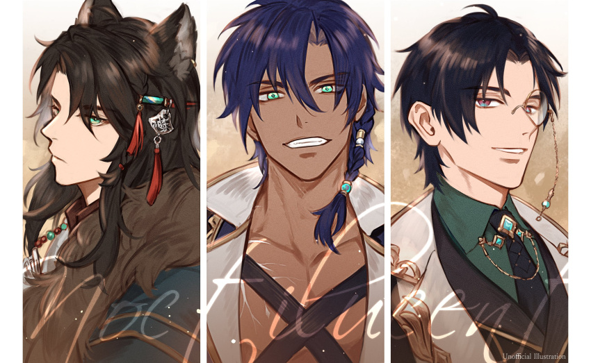 3boys, animal_ears, aqua_eyes, black_hair, black_jacket, black_necktie, black_vest, blue_hair