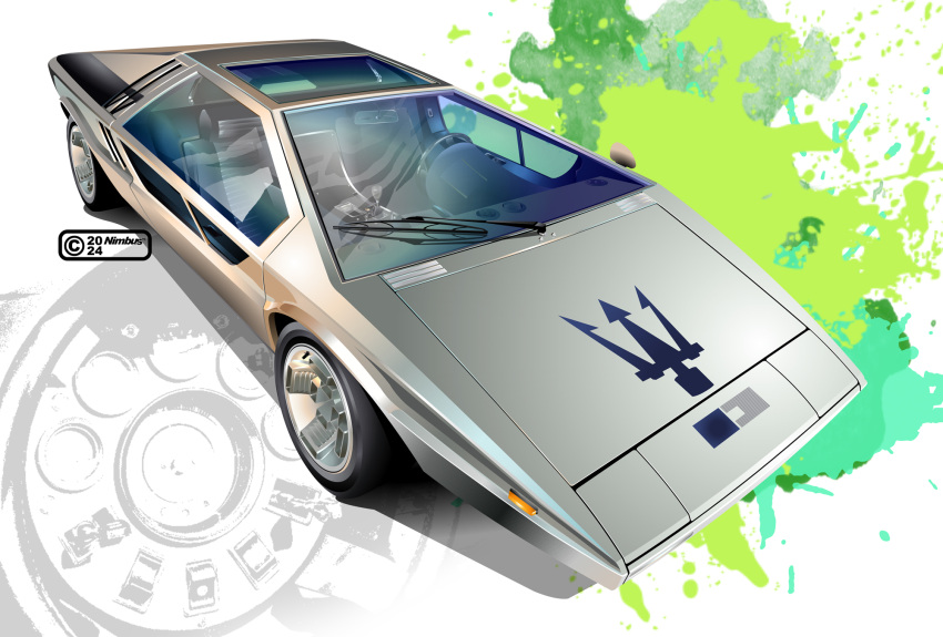 car, grey_car, highres, maserati_boomerang, motor_vehicle, nimbus_goldbrum, no_humans, original, simple_background, sports_car, steering_wheel, vehicle_focus