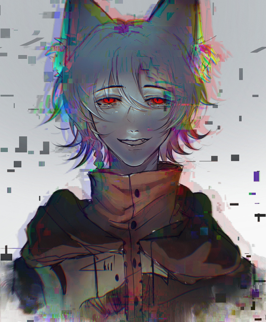 1boy, animal_ear_fluff, animal_ears, braid, braided_bangs, brown_jacket, chinese_commentary, chromatic_aberration