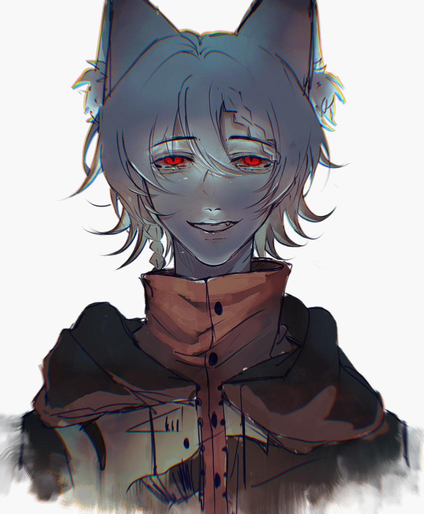 1boy, animal_ear_fluff, animal_ears, braid, braided_bangs, brown_jacket, chinese_commentary, chromatic_aberration