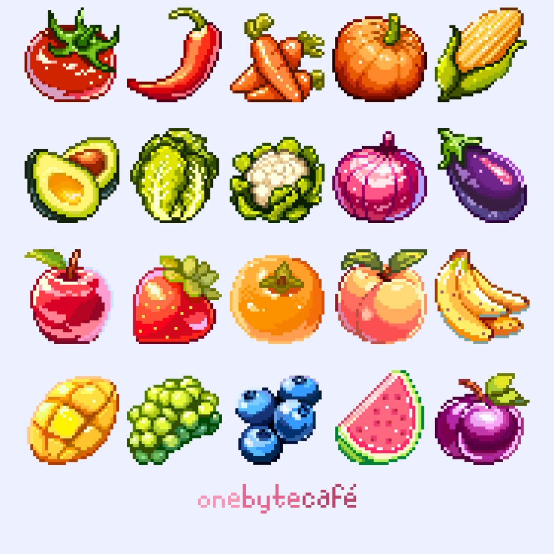 apple, artist_name, avocado, banana, blue_background, blueberry, carrot, cauliflower