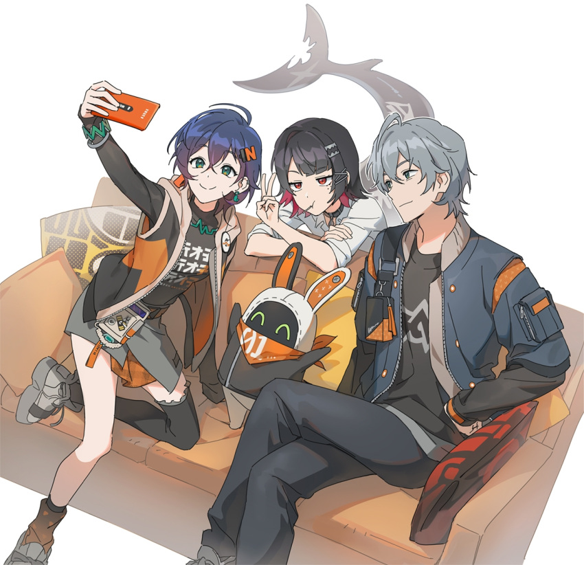 1boy, 2girls, angduuuu_(ghost), belle_(zenless_zone_zero), black_hair, blue_hair, brother_and_sister, closed_mouth, couch, earrings, ellen_joe, eous_(zenless_zone_zero), fins, fish_tail, full_body, green_eyes, grey_hair, hair_between_eyes, hair_ornament, hairclip, holding, holding_phone, jewelry, multiple_girls, on_couch, phone, red_eyes, shark_girl, shark_tail, shirt, short_hair, siblings, sidelocks, simple_background, sitting, sleeves_rolled_up, smile, tail, v, white_background, white_shirt, wise_(zenless_zone_zero), zenless_zone_zero