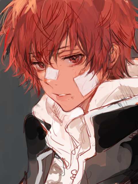 1boy, black_jacket, close-up, from_side, gauze, gauze_on_cheek, gauze_on_nose, grey_background, hood, hoodie, jacket, jitome, katekyo_hitman_reborn, kozato_enma, kuzuvine, light_frown, looking_at_viewer, male_focus, open_clothes, open_jacket, parted_lips, popped_collar, red_eyes, redhead, short_hair, solo, wavy_hair, white_hoodie