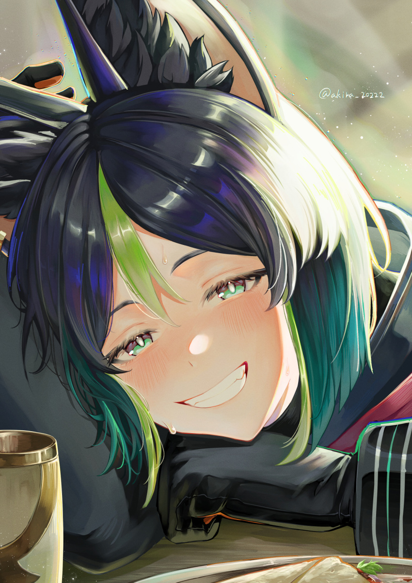1boy, animal_ear_fluff, animal_ears, black_gloves, black_hat, black_hood, blush, breasts, brown_eyes, commentary_request, cup, fox_boy, fox_ears, genshin_impact, gloves, green_eyes, green_hair, grin, hair_between_eyes, hat, head_rest, highres, hood, hood_down, kiguchi_hikaru, looking_at_viewer, male_focus, medium_breasts, multicolored_hair, partial_commentary, portrait, small_sweatdrop, smile, solo, streaked_hair, teeth, tighnari_(genshin_impact), twitter_username, two-tone_eyes