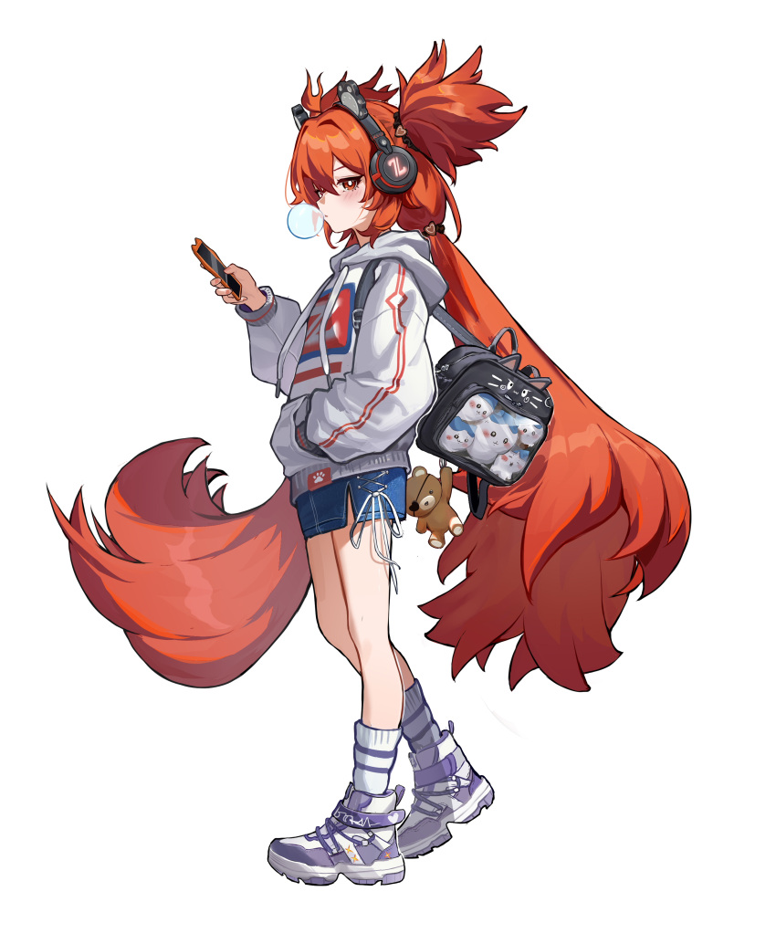 1girl, absurdres, alternate_costume, amamiyayk, black_bag, blue_shorts, blush, chewing_gum, fingernails, from_side, full_body, hair_between_eyes, hand_in_pocket, headphones, highres, holding, holding_phone, koleda_belobog, long_hair, looking_at_viewer, no_eyepatch, phone, shorts, sidelocks, simple_background, solo, standing, stuffed_animal, stuffed_toy, teddy_bear, white_background, white_footwear, zenless_zone_zero