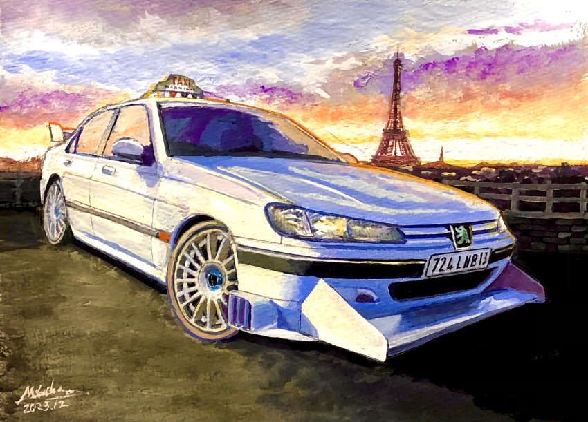 absurdres, atelier_634, car, eiffel_tower, evening, france, highres, motor_vehicle