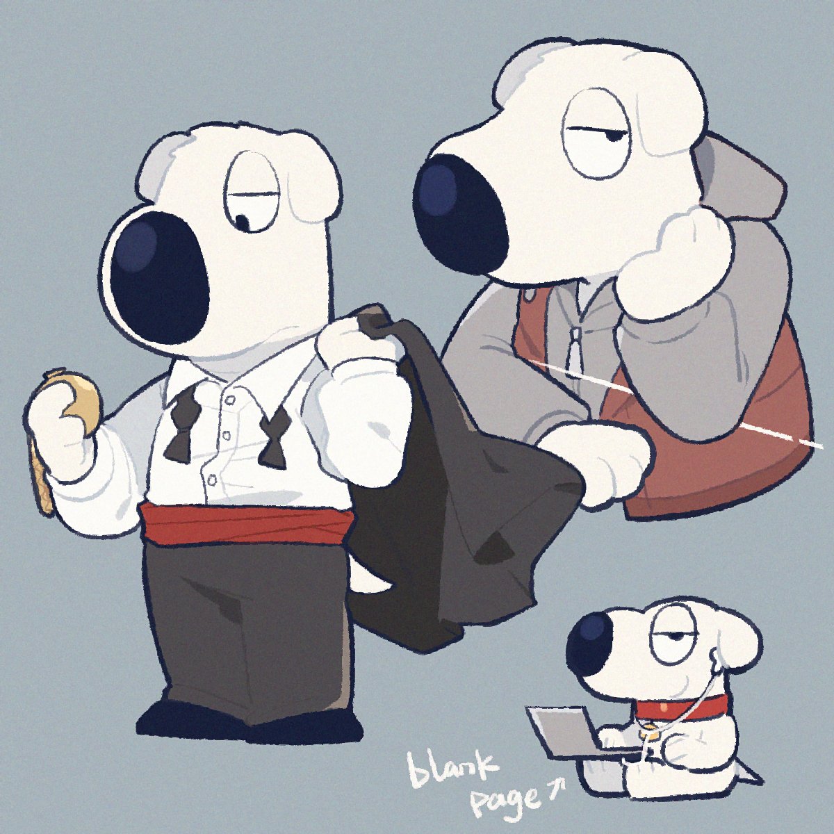 1boy, animal, black_pants, brian_griffin, brown_vest, computer, dog, earphones