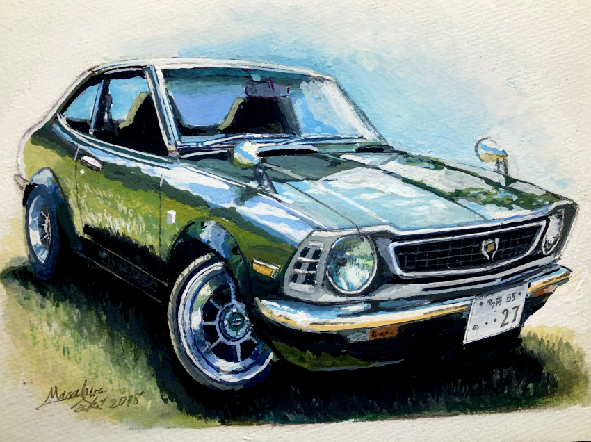 absurdres, atelier_634, car, grass, green_car, highres, motor_vehicle, no_humans