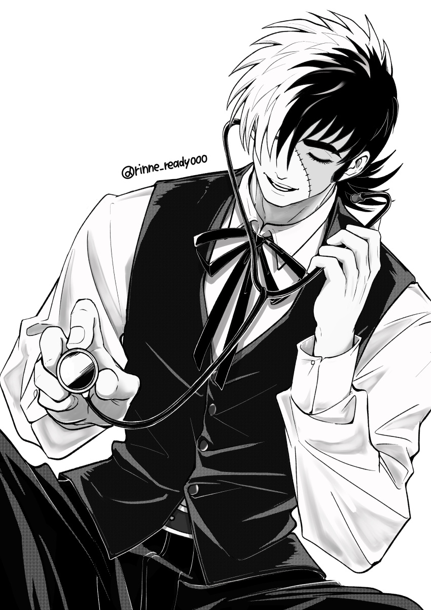 1boy, absurdres, belt, black_jack_(character), black_jack_(series), black_pants, black_vest, closed_eyes