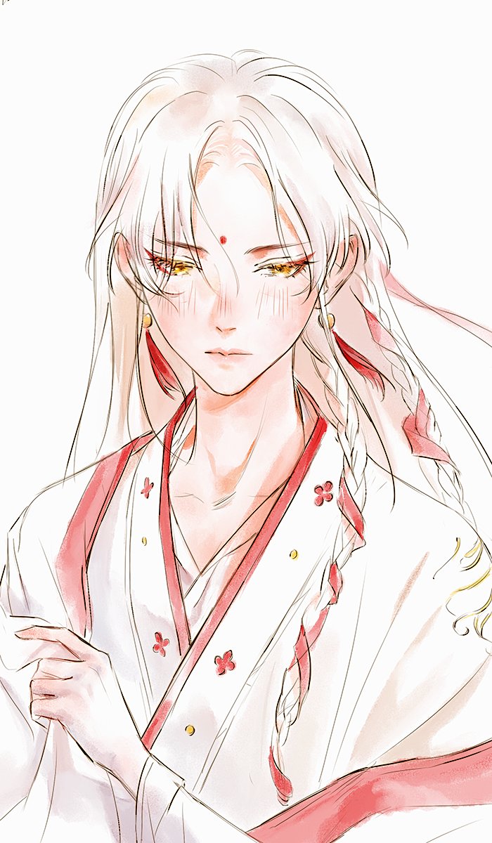 1boy, androgynous, bindi, bishounen, braid, chinese_clothes, closed_mouth, collarbone